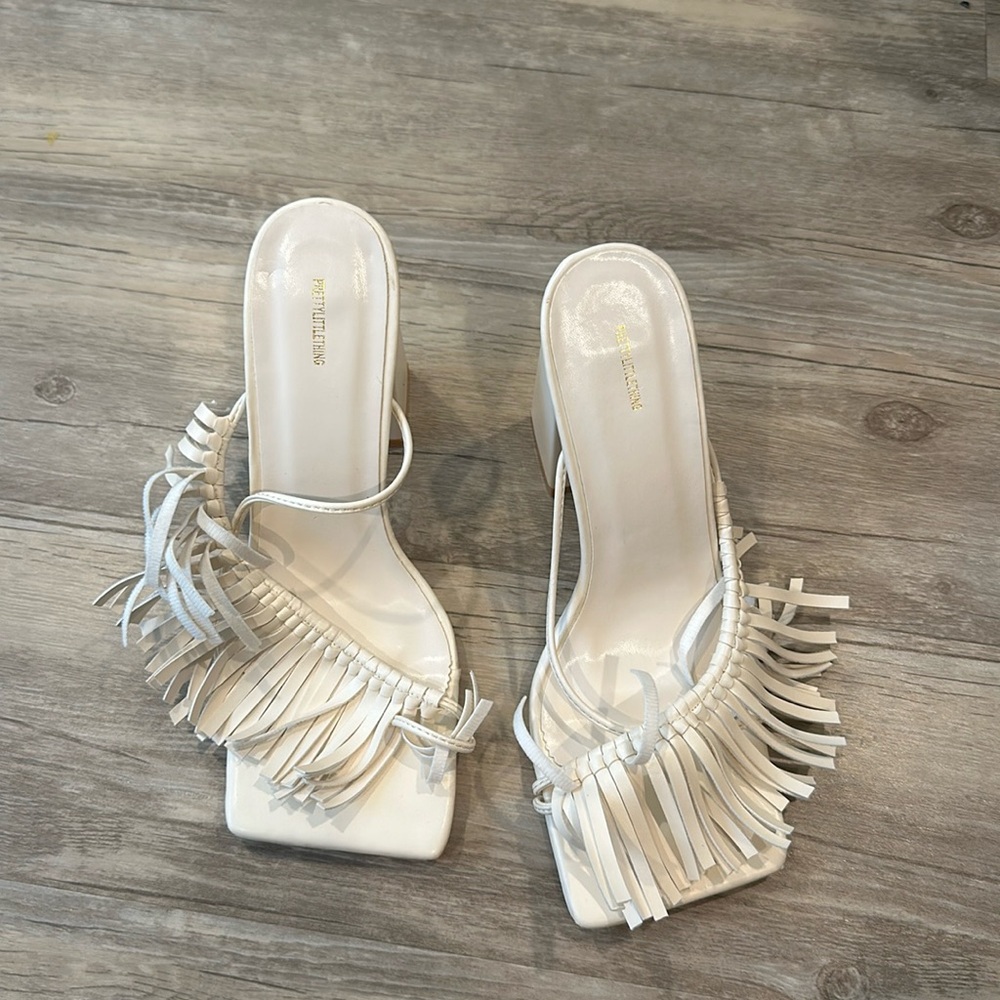 PrettyLittleThing White Fringe Heels